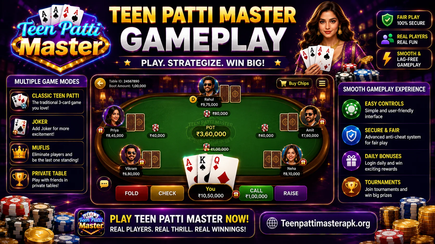 Teen Patti Master gameplay with cards, game table, and interactive features