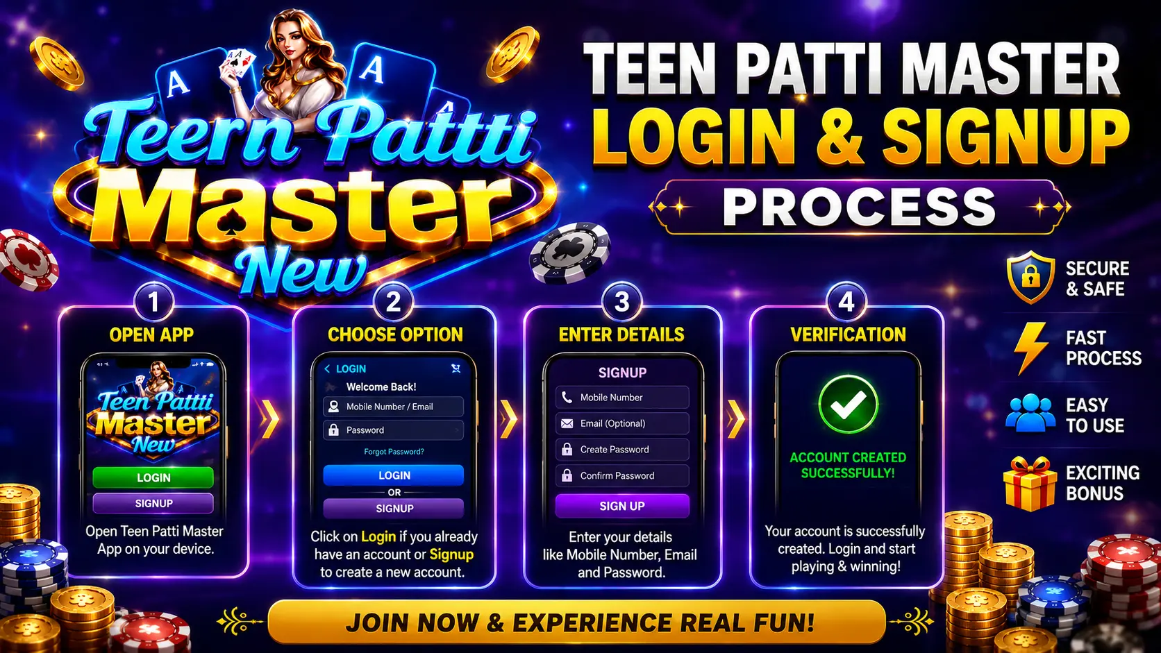 Teen Patti Master login and signup process on mobile app showing registration form and account access