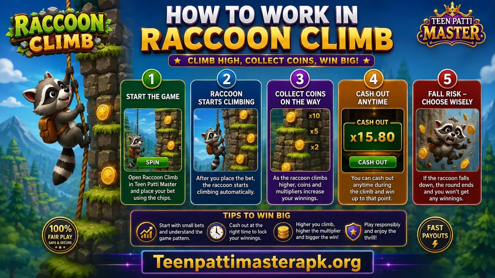 Raccoon Climb gameplay in Teen Patti Master
