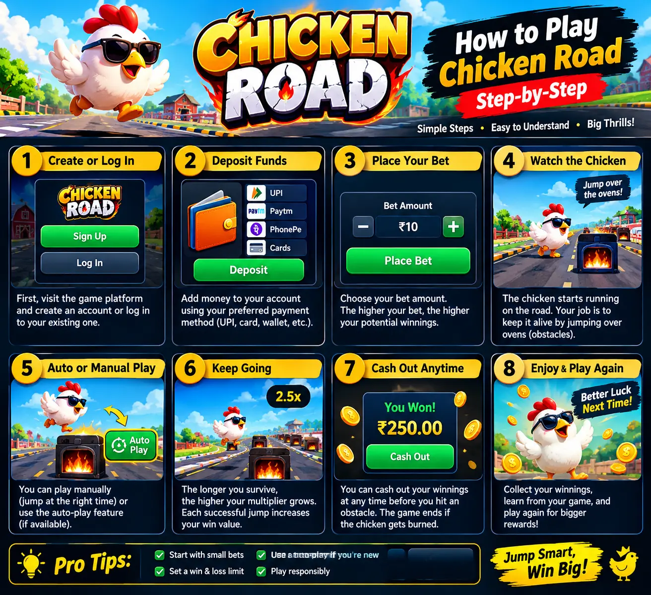 How to Play Chicken Road step-by-step guide showing the basic gameplay and instructions